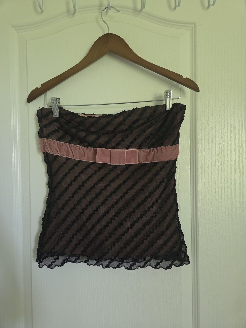 Vintage Arden B. Y2K Tube Top Size Large | Brown Mesh Ruffles & Pink Velvet Bow